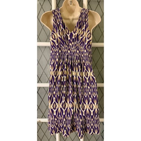 Ann Taylor LOFT Sun Dress Size XS Purple Tan White Ikat Print Sleeveless Womens - Picture 3 of 7